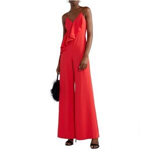 Alice + Olivia Keeva Ruffled Crepe Wide Leg Jumpsuit in Papaya Red - Size 6